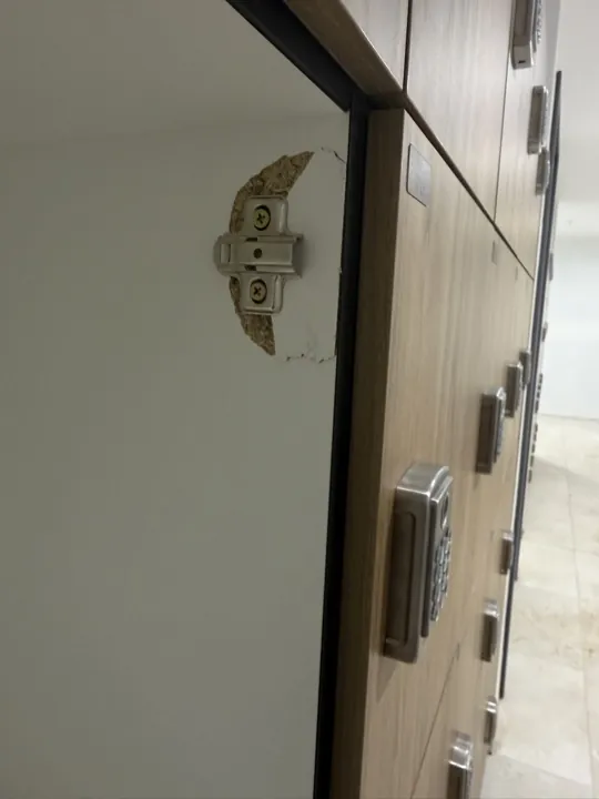Before: hinge plate torn out of a timber locker door
