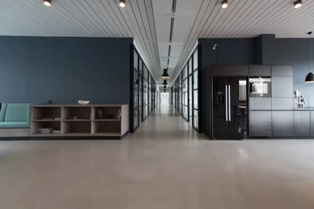 Glass partitions in an office corridor