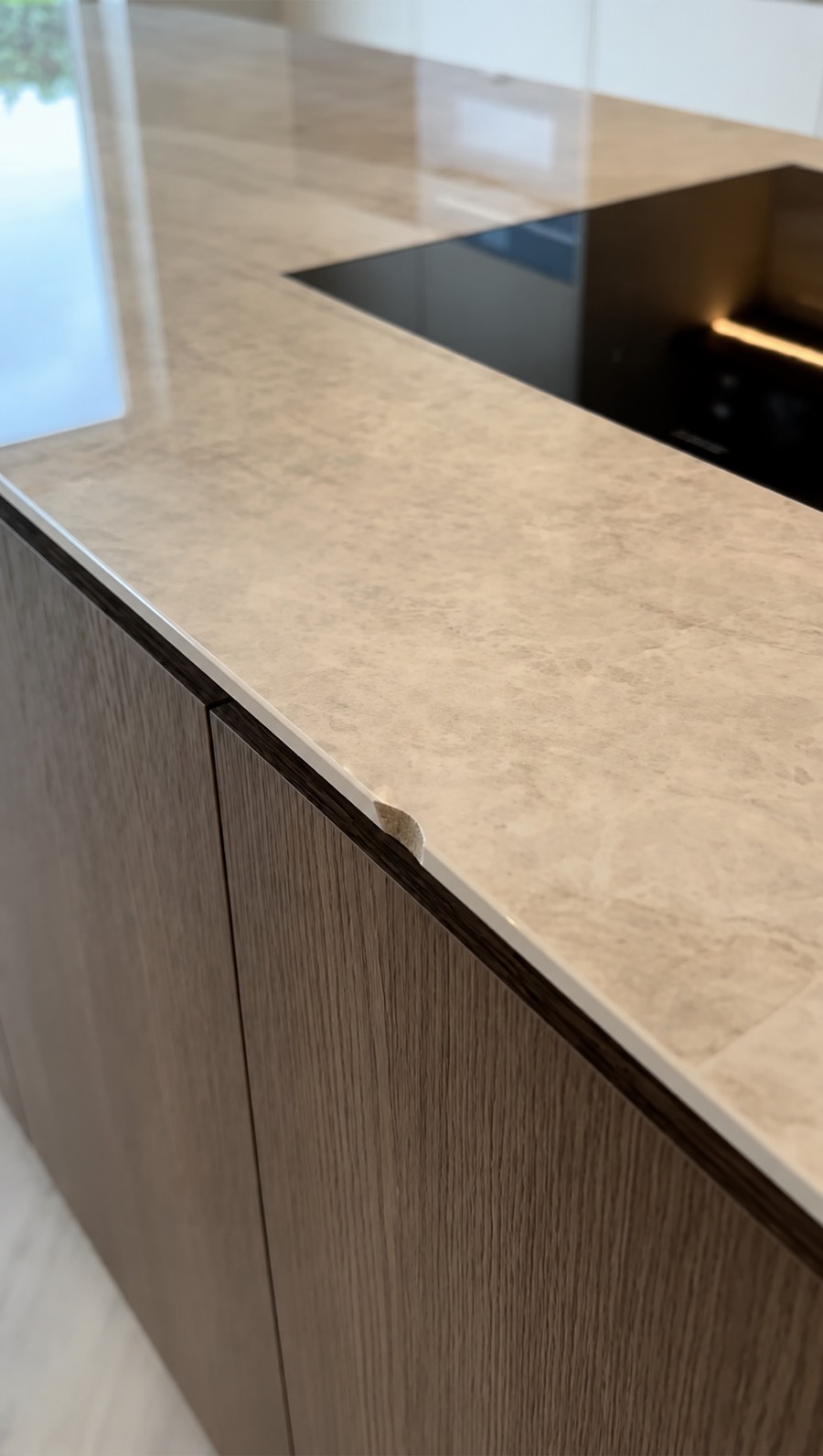 Chipped edge of a stone bench top