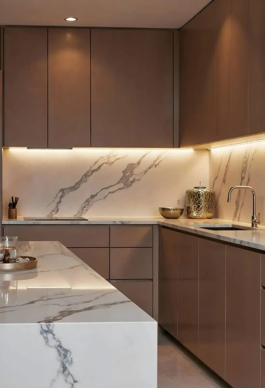 A marble benchtop and splashback in a dark timber kitchen
