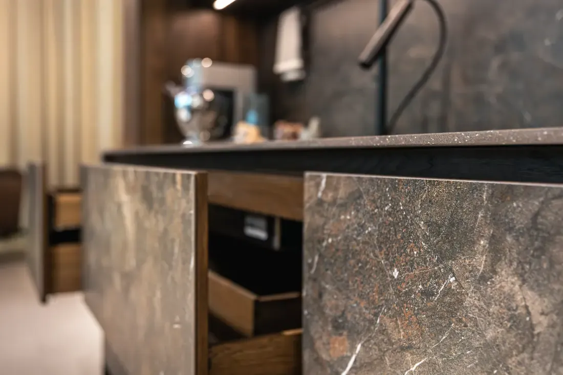 Dark marble stone benchtop and drawer fronts in a Sydney kitchen